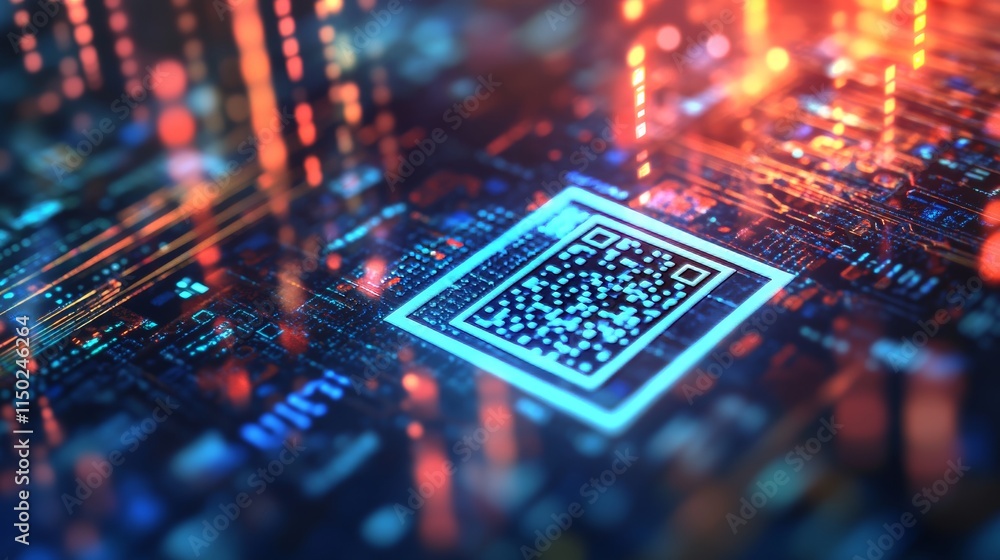Poster colorful digital abstract background featuring a prominent qr code surrounded by glowing lines and d
