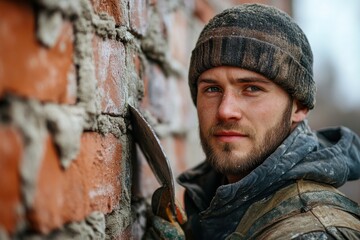 Obraz premium Apprentice Mason Working on Brick Wall Portrait