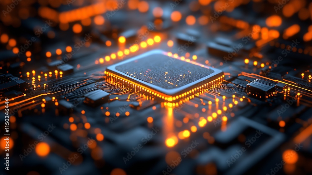 Poster Glowing Microchip Circuit Board in High Tech Orange and Blue Digital Environment : Generative AI