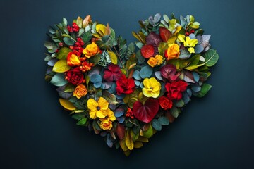 Colorful heart composed of leaves and flowers on dark background. Vector illustration perfect for Valentine's Day, weddings, or love themes.