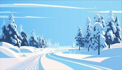 A serene winter landscape featuring a snow-covered forest and a winding path under a clear blue sky.
