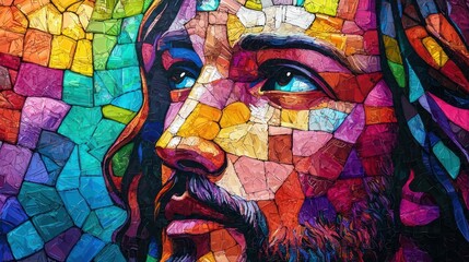 A colorful stained glass window featuring an image of Jesus Christ. Concept Religious Art, Stained Glass, Jesus Christ, Colorful Window, Spiritual Decoration