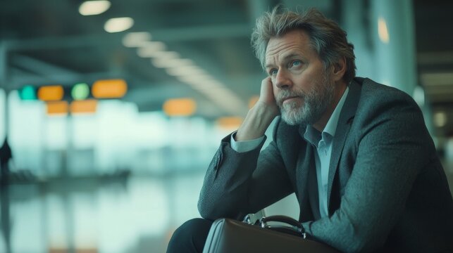 Experienced businessman waiting at the airport terminal, sitting with a briefcase, looking thoughtful and professional in a modern travel setting