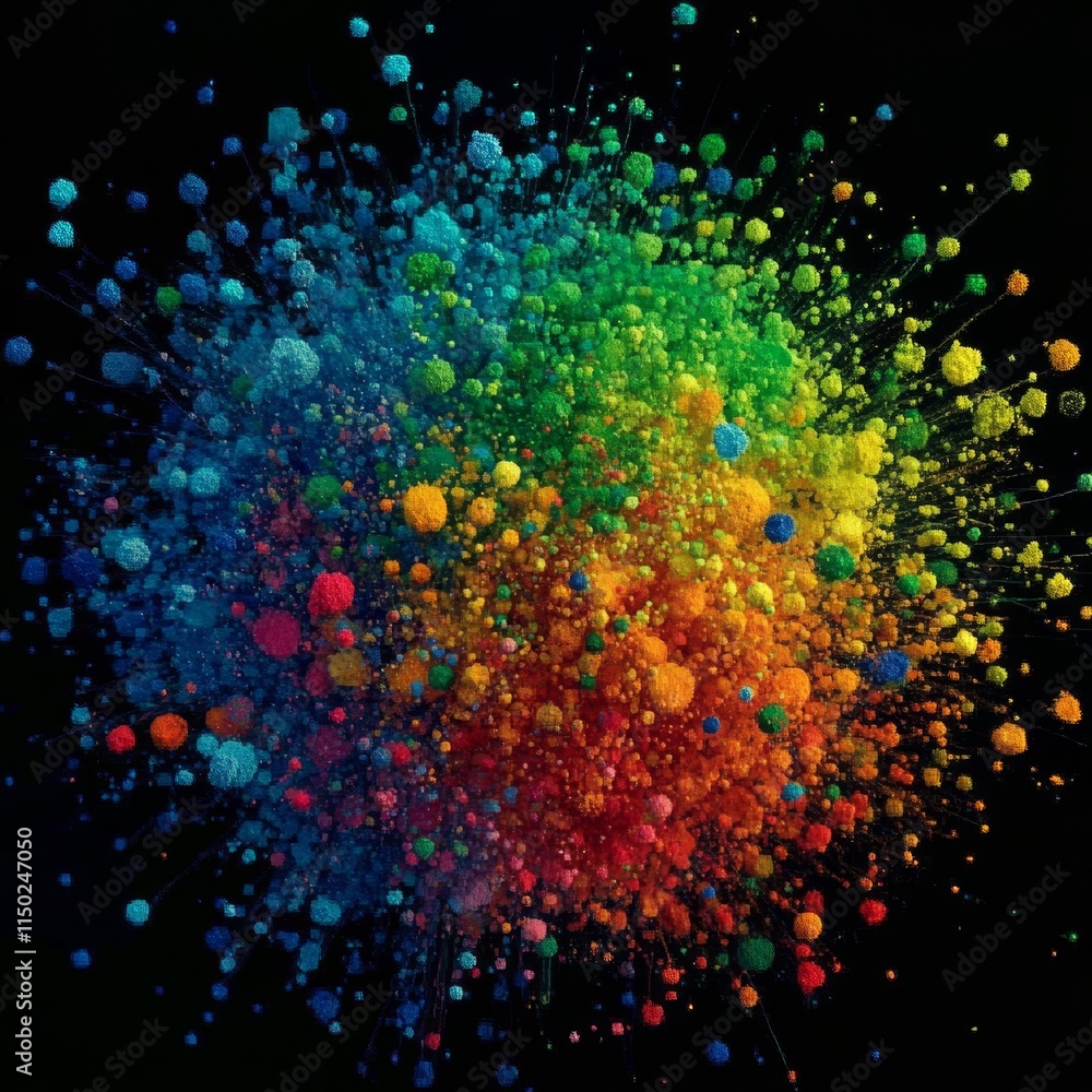 Poster vivid explosion of colorful particles creating a dynamic visual array representing creativity and en