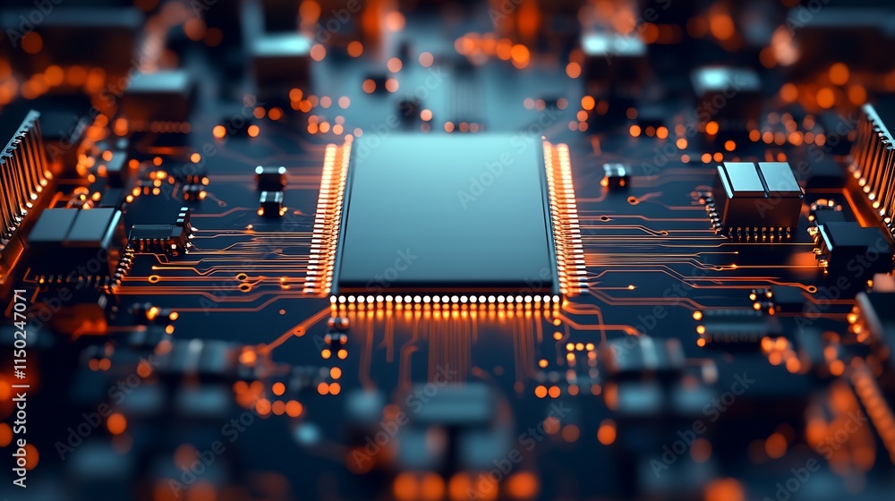 Poster Advanced Microchip on Circuit Board with Glowing Blue Traces in High-Tech Laboratory : Generative AI