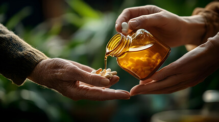 Macro Shot Hands Pouring Medication Elderly Palm Care Responsibility Health Routine
