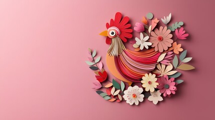 Rooster  papercut layered with floral patterns and pastel hues, celebrating nature and the essence of Lunar New Year
