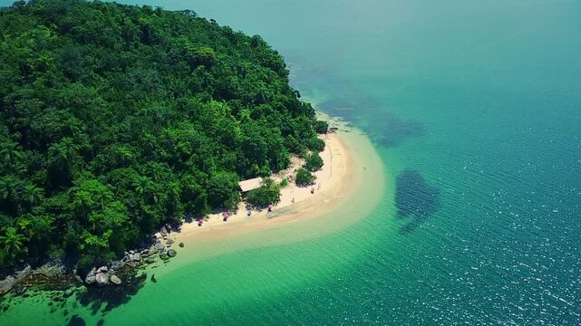 Panoramic view of island with crystal seawater on the summer in Paraty, Rio de Janeiro, Brazil. Seascape. Paradise beach. Beach on the summer. Beautiful landscape.