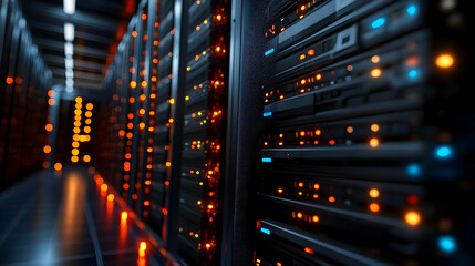 Glossy Server Racks in Modern Data Center with Copy Space for AI Business Tech Advertisements