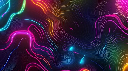 A vibrant and energetic abstract background featuring glowing neon lines in various shapes and patterns. The neon lines pulse in bright hues of pink, blue, green, and yellow, creating an electrifying 