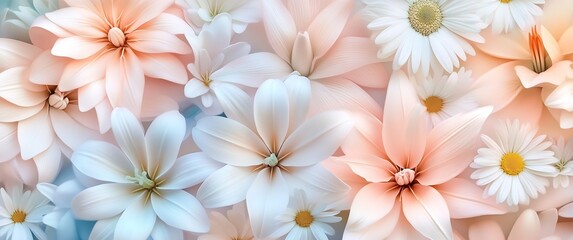 Fototapeta premium Pastel Blossoms Assorted Flowers in Soft Peach White and Blue Tones for Elegant Floral Decor : Generative AI