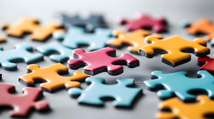 Fototapeta premium Floating Puzzle Pieces with Team Icons on White Background - Symbolizing Dynamic Teamwork and Collaboration