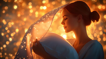 Bokeh digital art of a caregiver adjusting a pillow for a patient concept as A bokeh art image of a caregiver adjusting a pillow for a patient in a care setting. The soft lights in the background and 