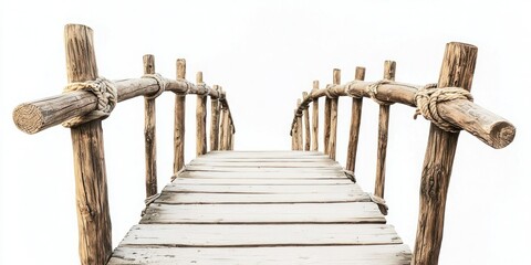 Obraz premium An arch rustic wooden wood suspended rope suspension bridge entrance footbridge boardwalk on white background. Mockup template for design