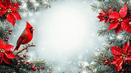 Festive Christmas Border Featuring Red Poinsettias, Pine Branches, a Cardinal Bird, and Soft Snowflakes Creating a Cheerful Holiday Atmosphere