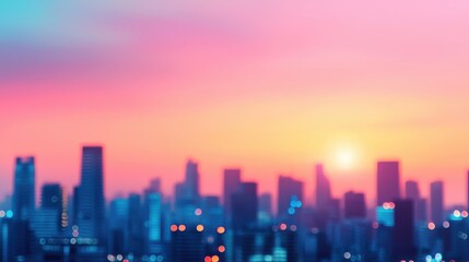 vibrant city skyline at sunset, showcasing blurred buildings and colorful hues of pink and orange in sky, creating serene and modern atmosphere