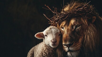 Biblical symbolism lion and lamb Jesus crowned with thorns on black background. Concept Religious Art, Lion and Lamb, Biblical Symbolism, Jesus Crown of Thorns, Black Background