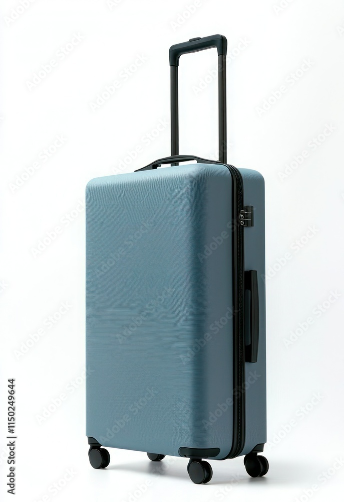 Poster blue suitcase with extended handle and wheels on a white background - sleek and practical.