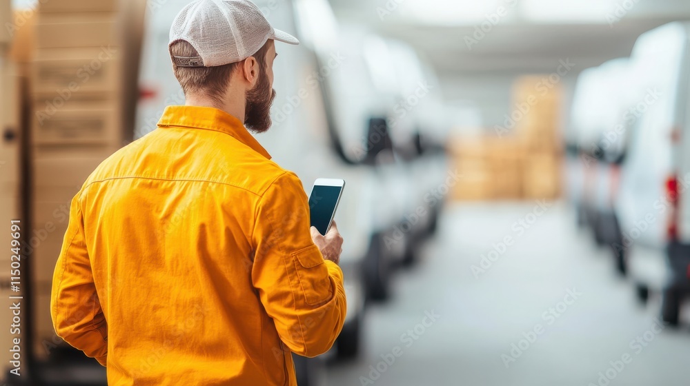 Poster efficient fleet manager inspecting vehicles with smartphone in hand, ensuring smooth operations in w