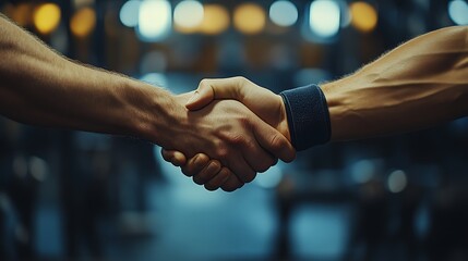 A close-up handshake between a personal trainer with muscular arms and a client wearing workout gloves, set in a modern gym. Background features blurred dumbbells and gym machines,