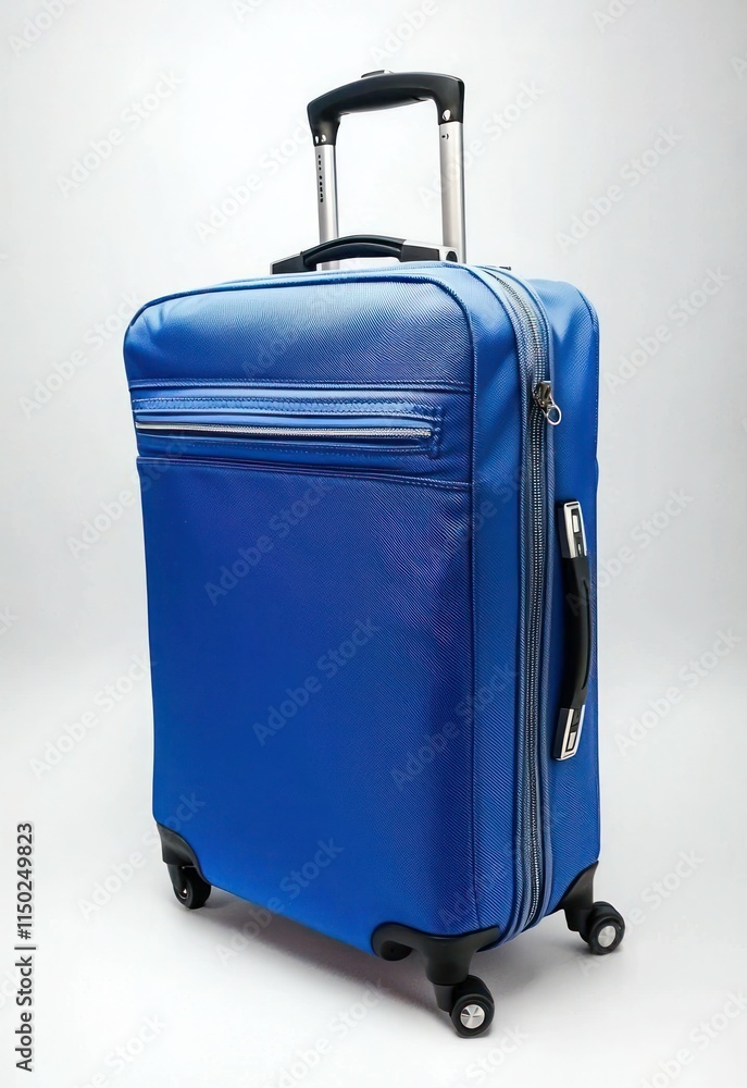 Poster blue suitcase with extended handle and wheels on a white background - sleek and practical.