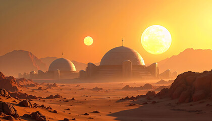 Fototapeta premium Futuristic domes under two suns in a desert landscape on another planet 