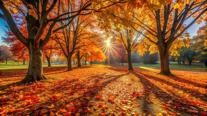 Fototapeta premium Golden Autumn Sunlight Illuminates a Path Through a Canopy of Vibrant Maple Trees