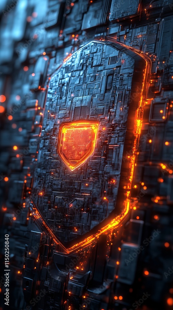 Poster digital shield design featuring a glowing orange emblem against a dark futuristic backdrop with intr