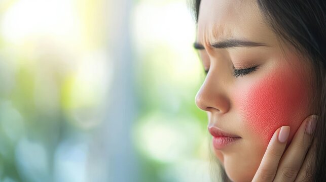 Closeup image of womans red facial rash caused by lupus allergy. Concept Skin Conditions, Lupus Allergy, Facial Rash, Closeup Image, Women's Health