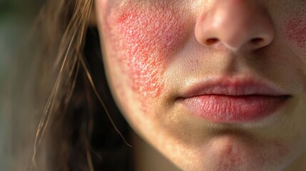 Closeup image of womans red facial rash caused by lupus allergy. Concept Skin Conditions, Lupus Allergy, Facial Rash, Closeup Image, Women's Health