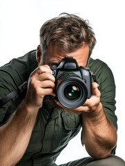 Photographer Kneeling Low Angle Capture - A photographer, kneeling down, intently focuses on capturing the perfect shot.  The image conveys dedication, precision, and the passion for photography.  It 
