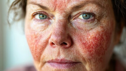 Closeup image of womans red facial rash caused by lupus allergy. Concept Skin Conditions, Lupus Allergy, Facial Rash, Closeup Image, Women's Health