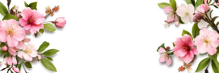 Obraz premium Pink Blossom Spring Banner - Delicate pink flowers, spring bloom, floral border, nature beauty, white background.