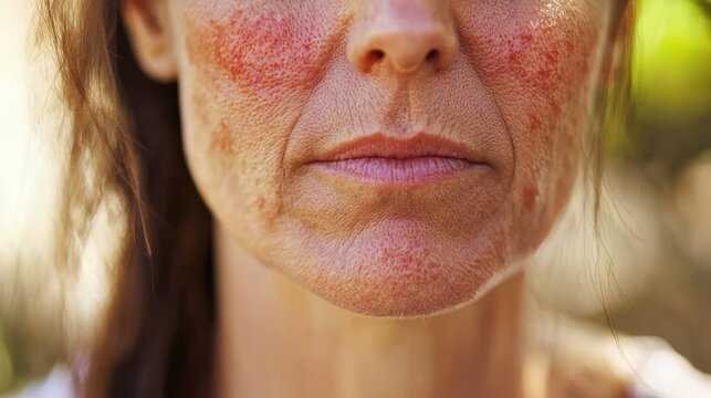 Closeup image of womans red facial rash caused by lupus allergy. Concept Skin Conditions, Lupus Allergy, Facial Rash, Closeup Image, Women's Health