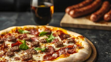 National Pizza Day Delicious Meat Lovers Pizza with Basil Wine Italian Food