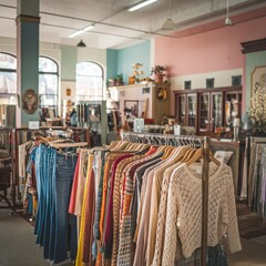 Photograph showcasing a thriving thrift store with racks of secondhand clothing highlighting the concept of sustainable fashion and eco conscious consumer behavior
