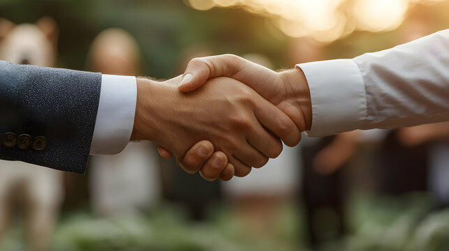 Soft abstract business team exchanging congratulatory handshakes concept as A soft abstract image of a business team exchanging handshakes after a major success symbolizing teamwork collaboration and 