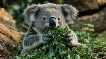 Adorable koala eating eucalyptus leaves.