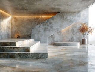 Modern Minimalist Interior Stone Steps Platform Tree