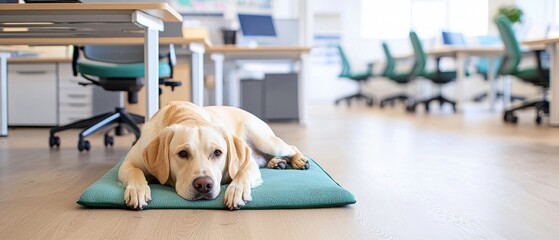Pet Friendly Office. A relaxed dog lying on a green mat in a modern office space.