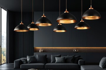 In a modern living room, black and gold pendant lights hang from a black ceiling