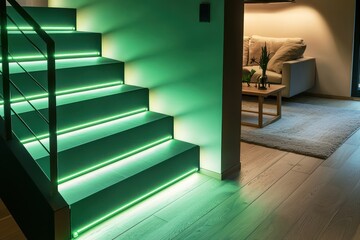LED strip lights in gentle green illuminate each step of a sleek staircase in a