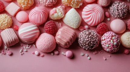 Obraz premium Colorful assortment of candy and sweets displayed on a pink background