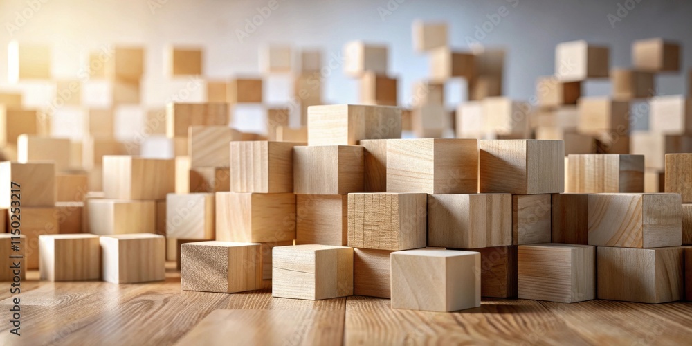 Poster close-up of a wooden block structure, showcasing natural light and texture details, ideal for concep