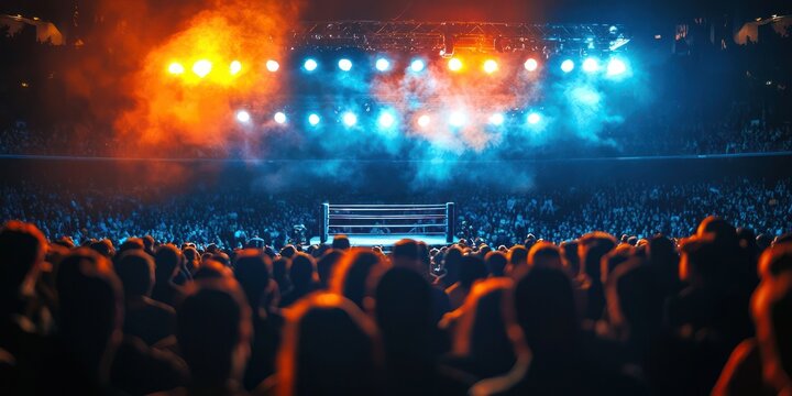 Crowded boxing arena during a light show at a sporting event showcasing mass public engagement and sports competition. Concept Sporting Events, Boxing Matches, Public Engagement, Light Shows