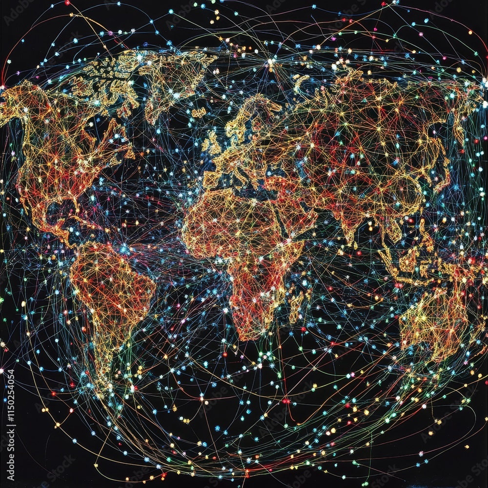 Poster global interconnectedness represented through vibrant networks and data points showcasing geographic