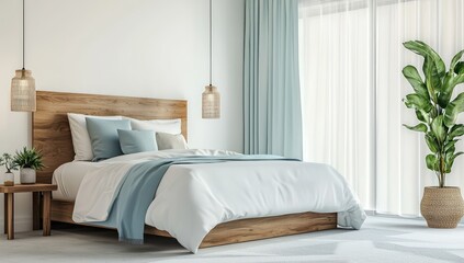Minimalistic bedroom with a wooden bed, white and soft pastel blue tones