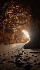 Mysterious nighttime descent into a shadowy sandstone tunnel surrounded by enigmatic rock formations