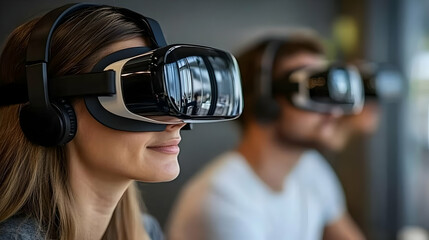 Glossy image of team building activity using VR with copy space concept as A glossy image featuring employees participating in a team building activity using VR headsets in a modern office. The scene 