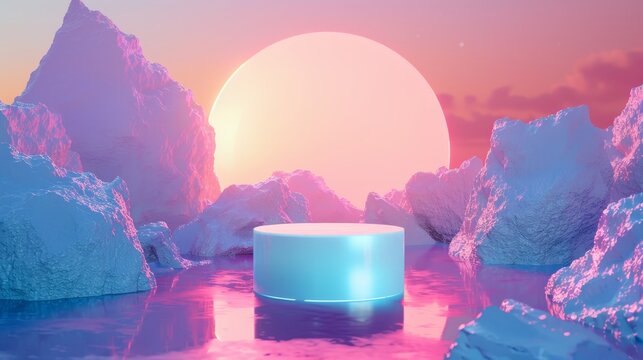 Minimalist empty cylinder podium in a vibrant synthwave scene with bold neon lights and retro vibes